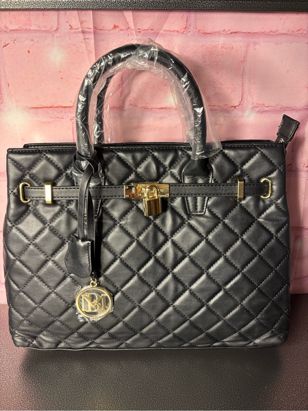 Badgley Mischka Black Quilted Satchel with Gold Accents